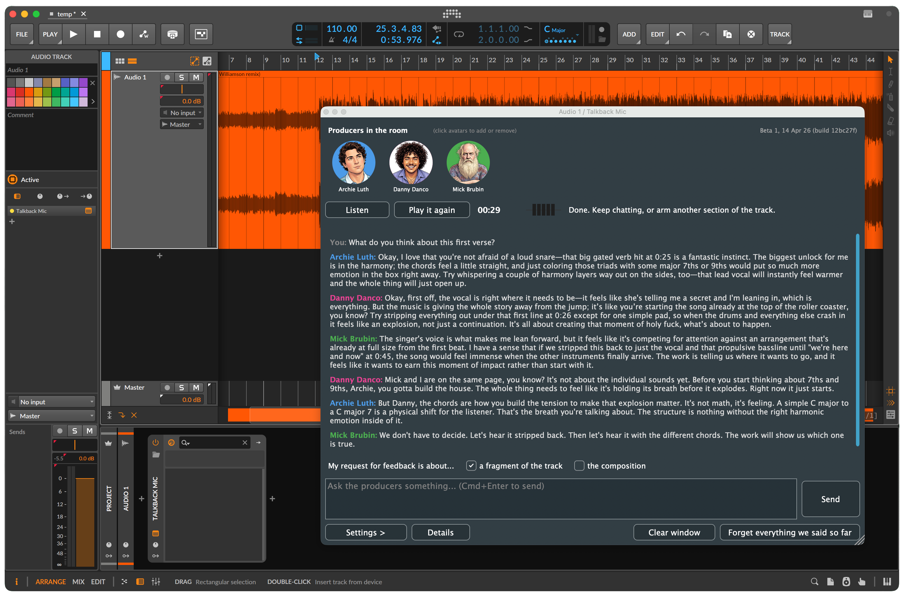 Talkback Mic plugin window showing a feedback conversation with producers